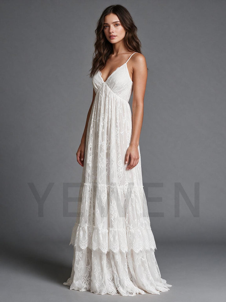 Ivory Spaghetti Strap V-Neck Tiered Lace Ruffle Wedding Dress