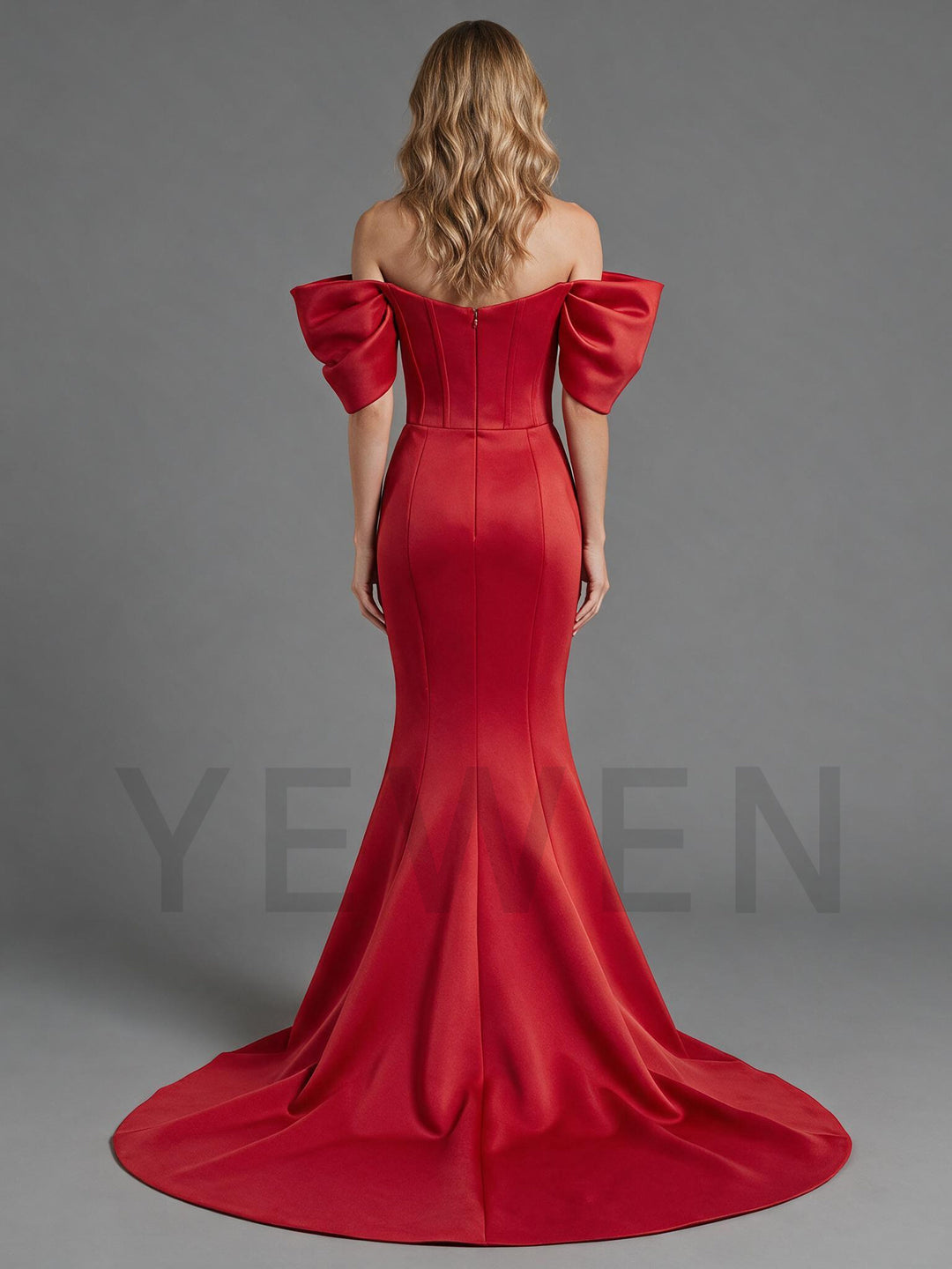 Red Off-Shoulder Puff Sleeve Mermaid Christmas Dress YW2609223