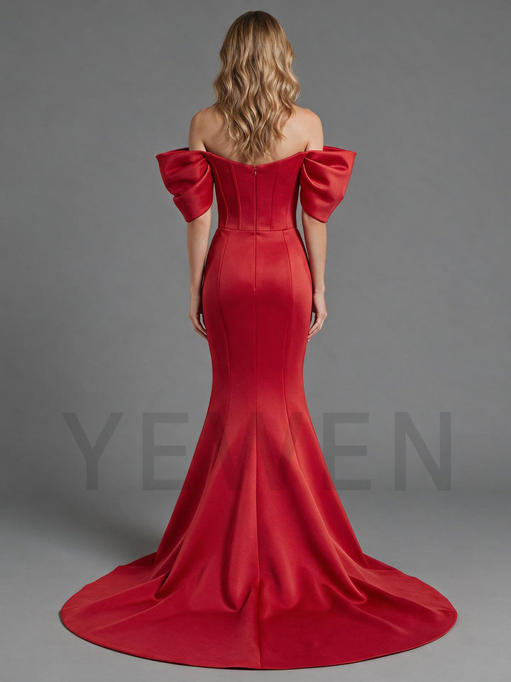 Red Off-Shoulder Puff Sleeve Mermaid Christmas Dress YW2609223