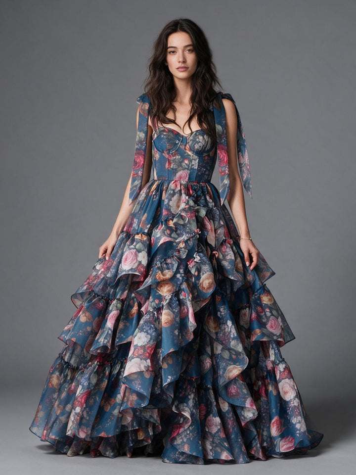 Blue Sweetheart Floral Print Tiered Ruffle Princess Dress YW2610134