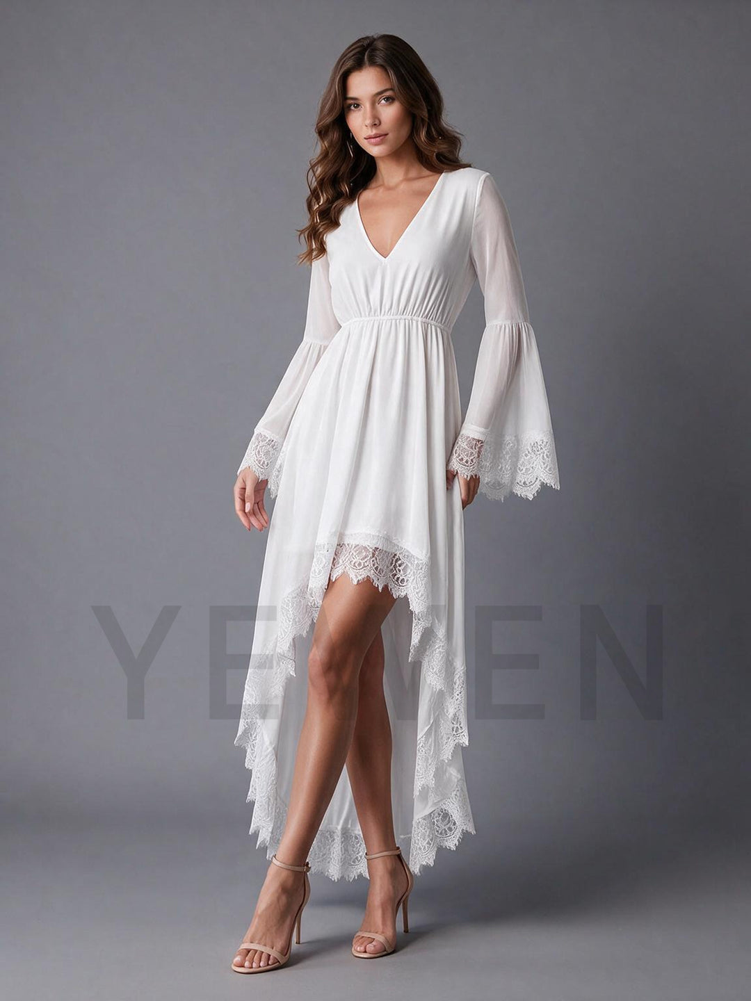 Ivory Deep V-Neck Sheer Bell Sleeve High-Low Boho Wedding Dress