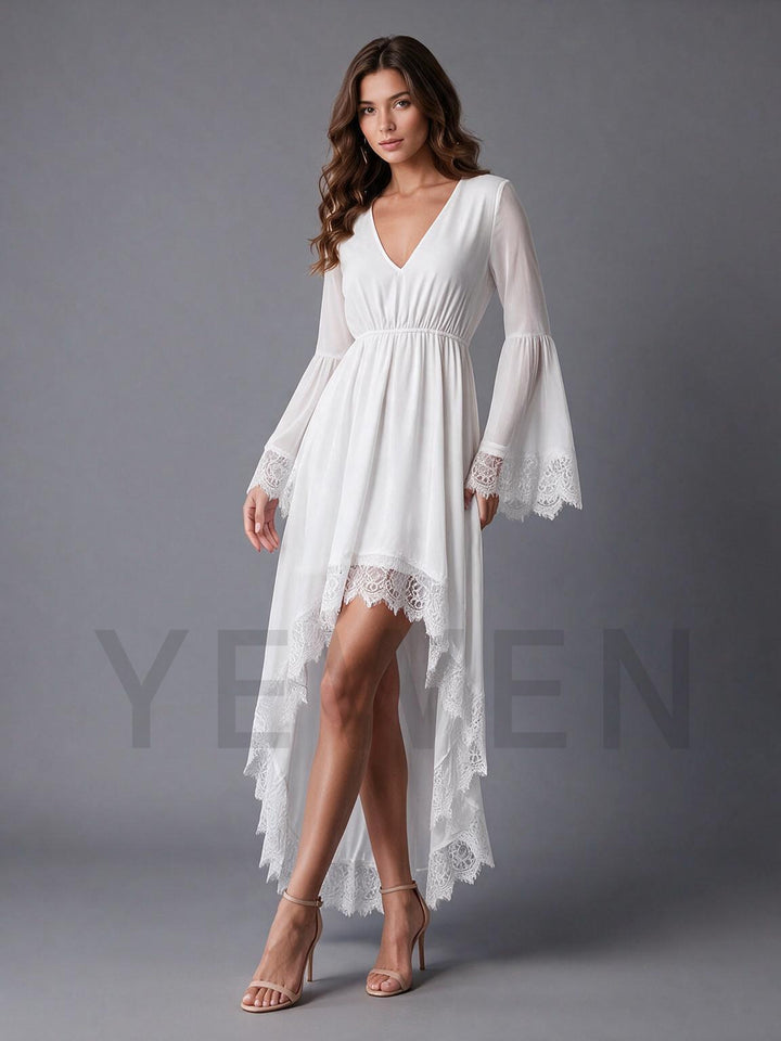 Ivory Deep V-Neck Sheer Bell Sleeve High-Low Boho Wedding Dress