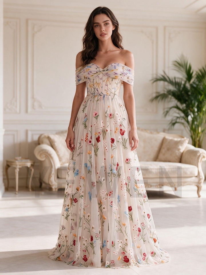 Nude A-Line Off-Shoulder Twist Front Floral Wedding Dress