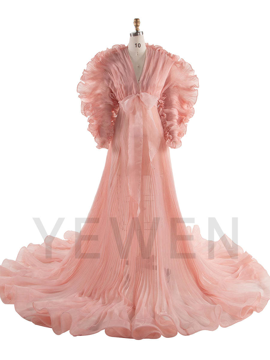 V Neck Pleated Organza Maternity Dresses for Photoshoot Big Skirt Sheer Dress for Maternity Baby Shower YW250013