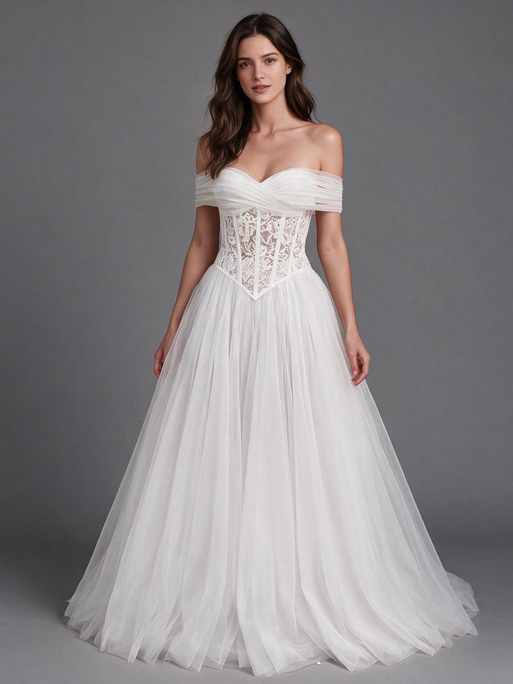 Ivory A-line Off-Shoulder Sweetheart Lace Wedding Dress