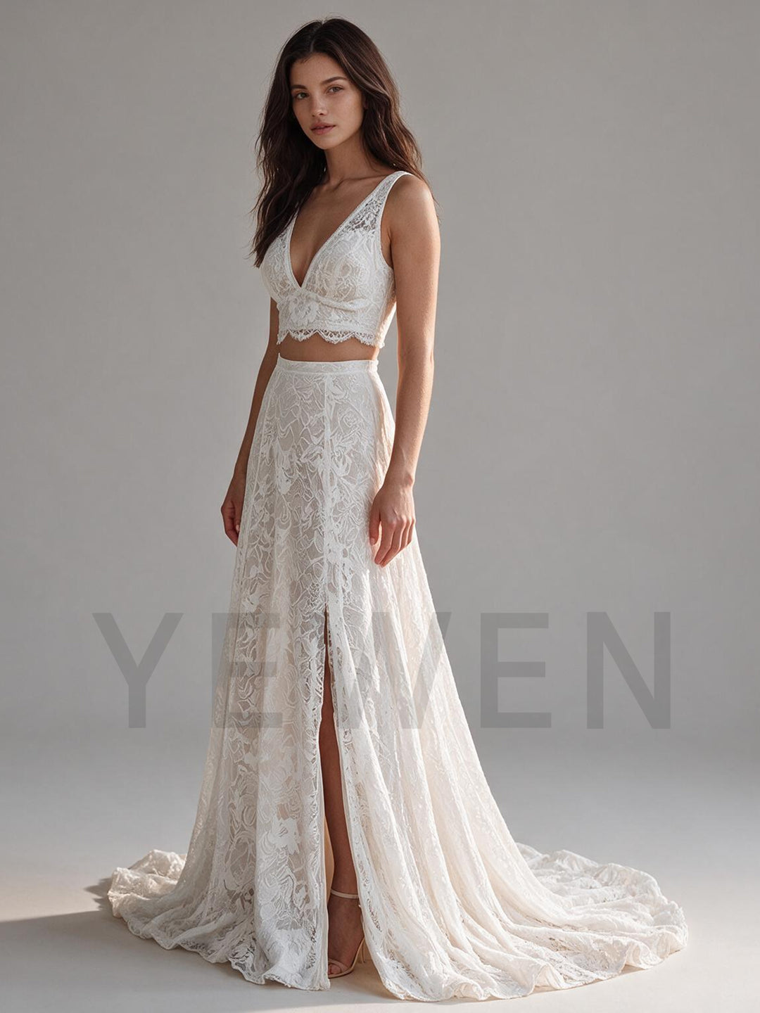 Ivory Two-Piece Floral V-Neck Lace Boho Wedding Dress