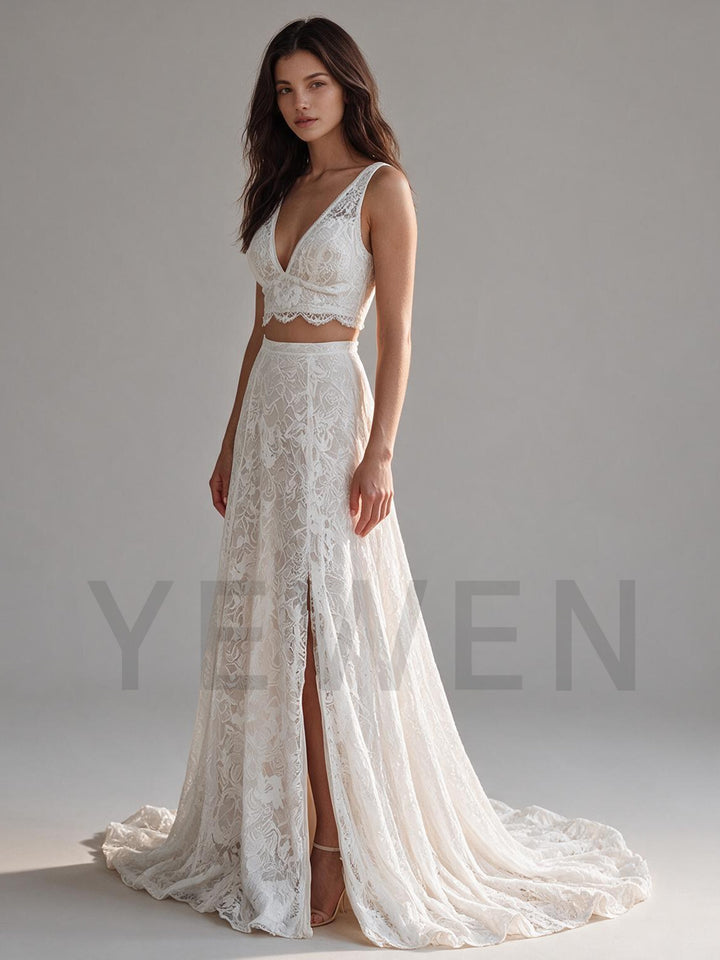Ivory Two-Piece Floral V-Neck Lace Boho Wedding Dress