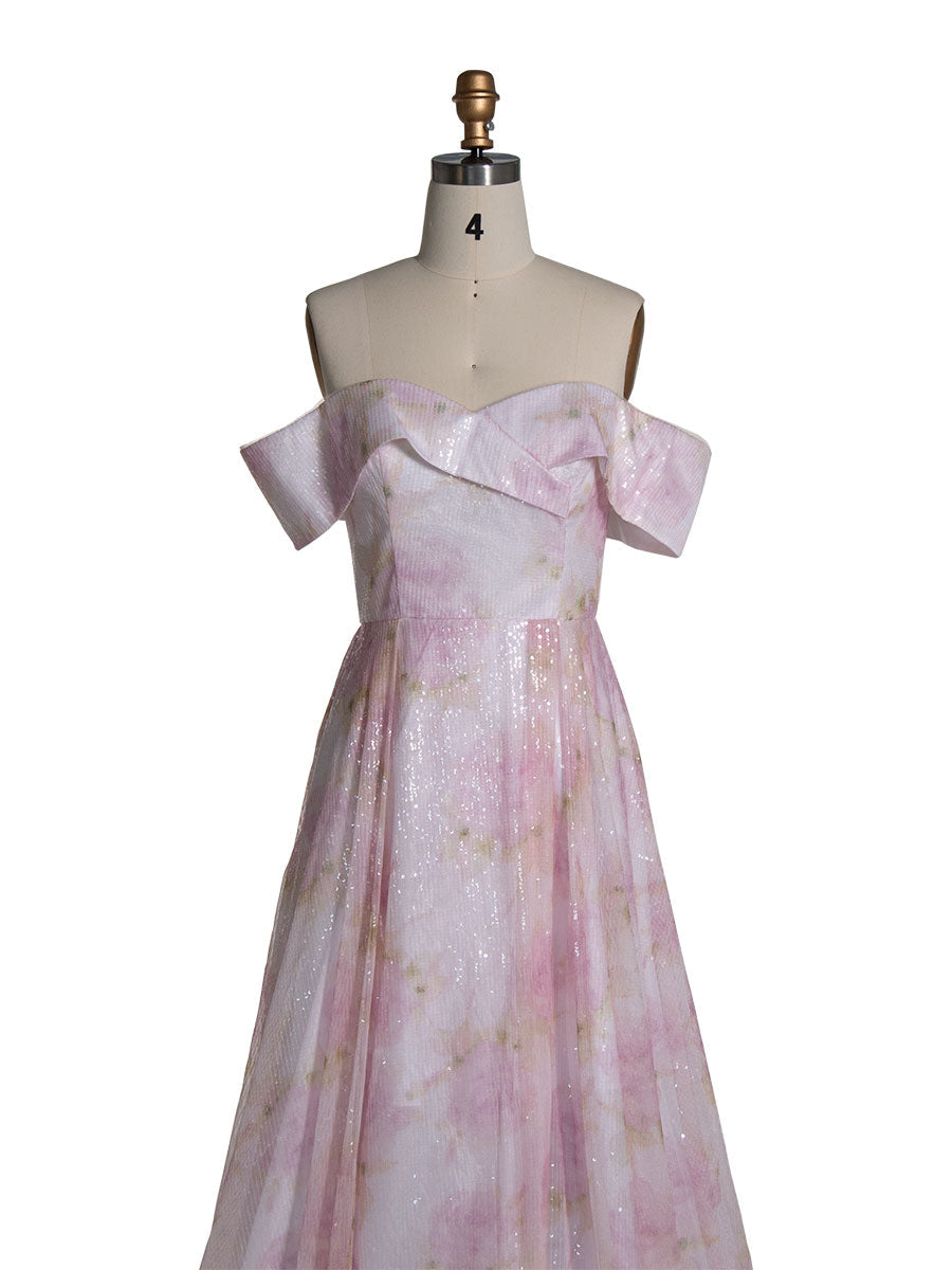 Elegant Off Shoulder Pink Printed Prom Dress YE3019