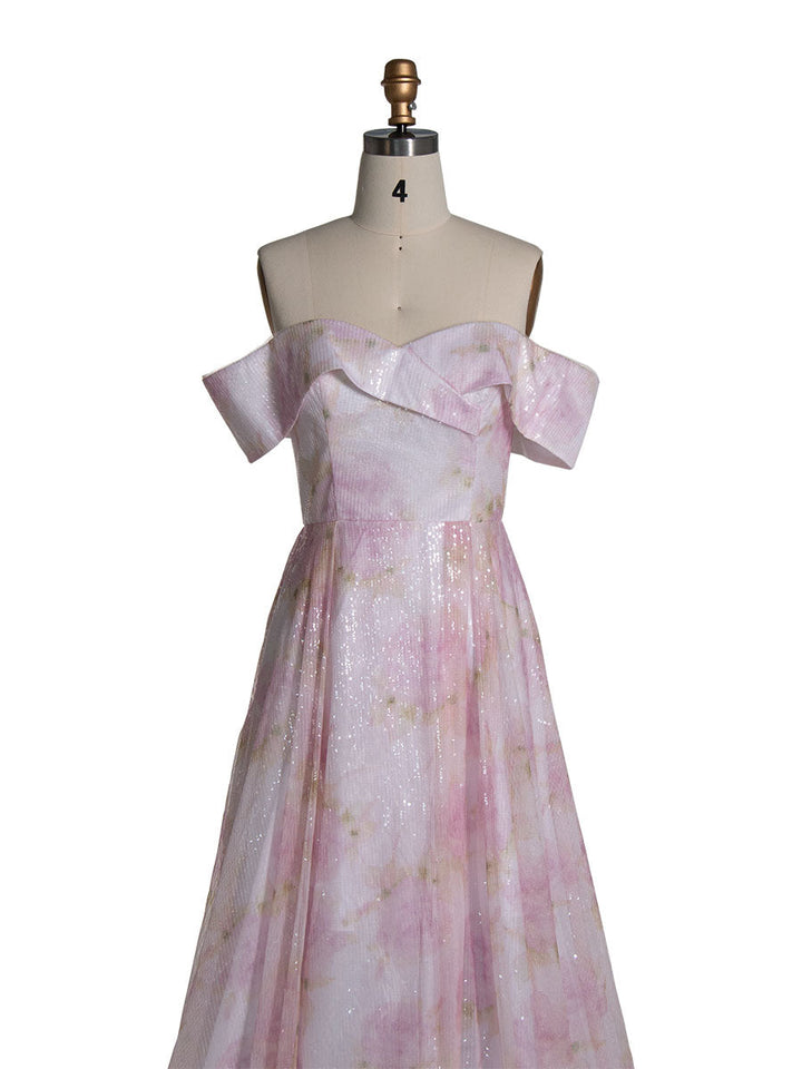 Elegant Off Shoulder Pink Printed Prom Dress YE3019