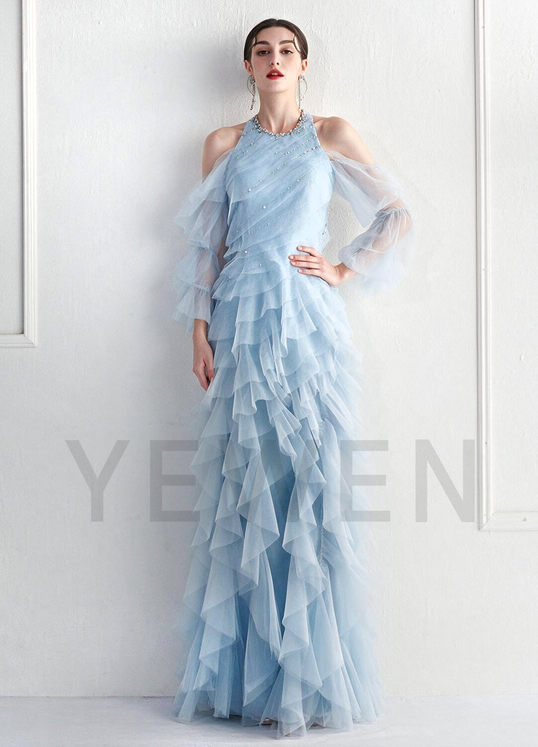Halter Beaded Neckline Tiered Ruffle Tulle Evening Gown YX005