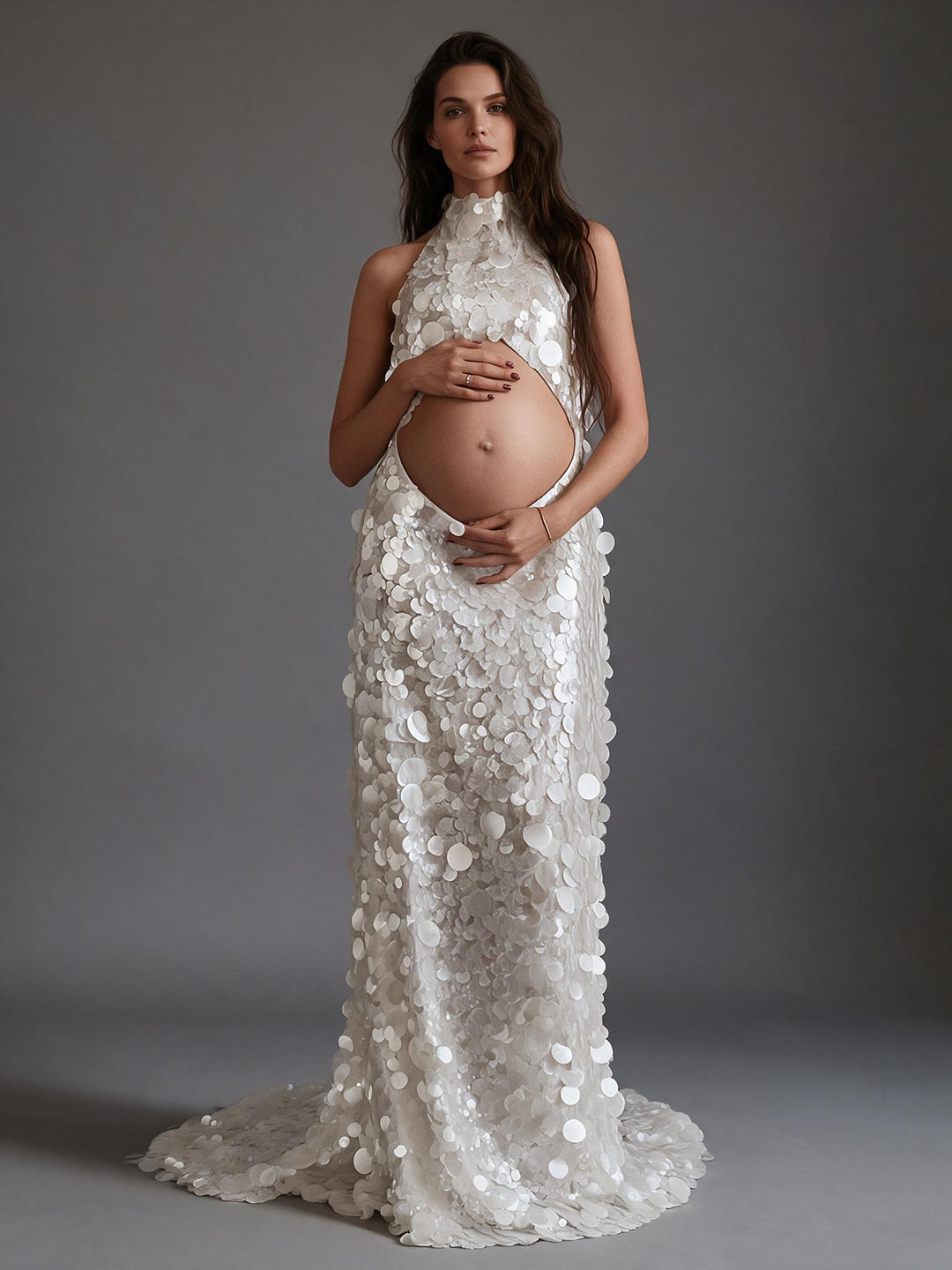 Halter Cutout Belly Sequin Maternity Photoshoot Gown YW2609233