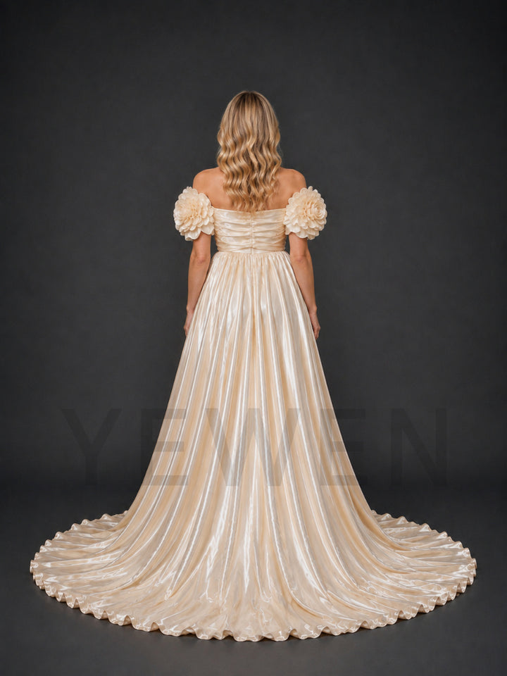 Champagne Off-Shoulder 3D Rose Satin Maternity Photoshoot Gown HY269003