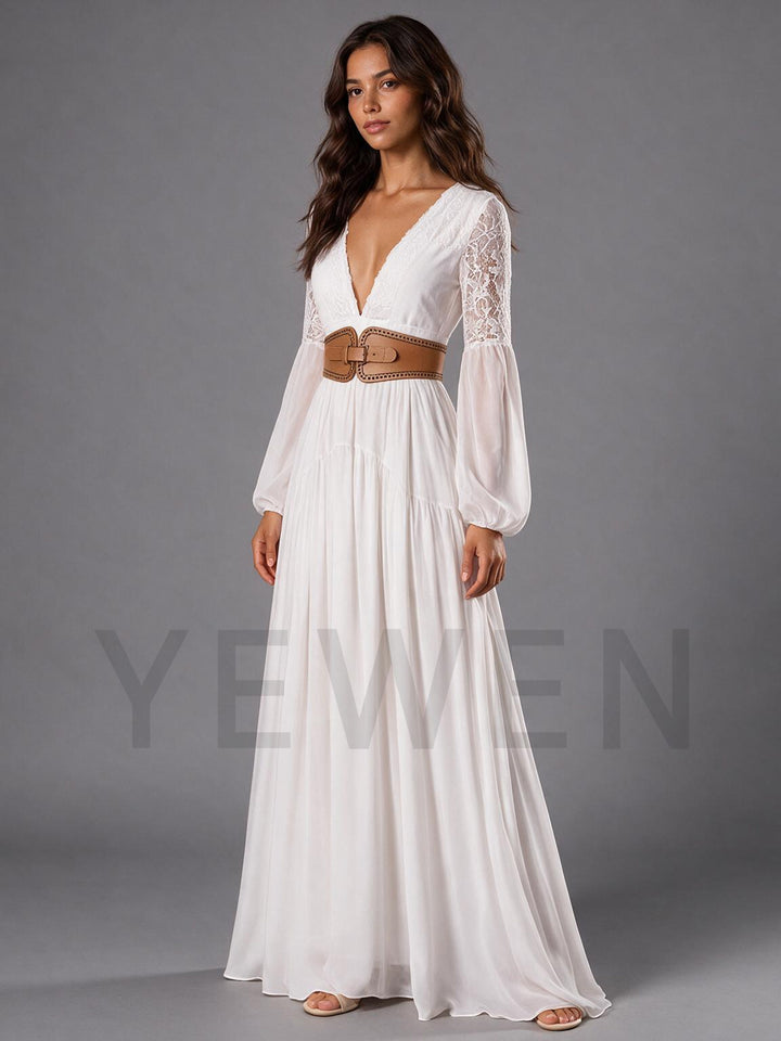 Ivory Deep V-Neck Lace Sleeve Boho Wedding Dress(without Leather Belt)