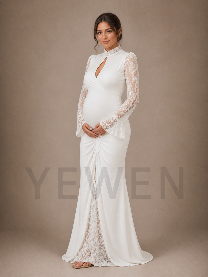 White Keyhole Maternity Baby Shower Dress High Neck Gown with Lace Sleeves ZX016