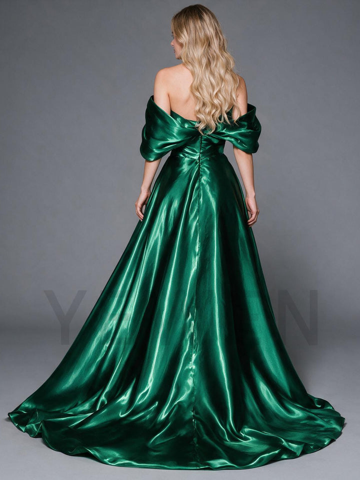 Green Off-Shoulder Puff Sleeves Satin Christmas Dress YW2610085