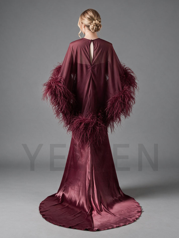 Burgundy Ostrich Feather Cape Maternity Baby Shower Dress YD260917