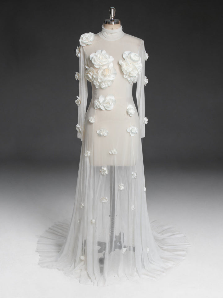 Sheer Stretch Tulle Maternity Gown 3D Rose Appliqués Maternity Dress for Photo Shoot YW260237