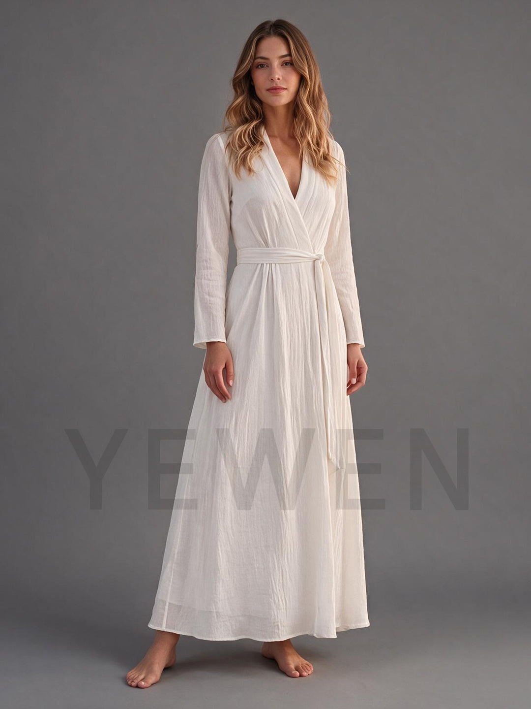 Ivory Wrap V-Neck Tie Waist Long Sleeves Boho Wedding Dress