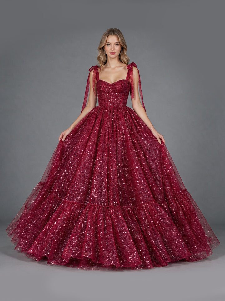 Burgundy Bow Strap Sequin Layered Ruffle Christmas Dress YW2610087