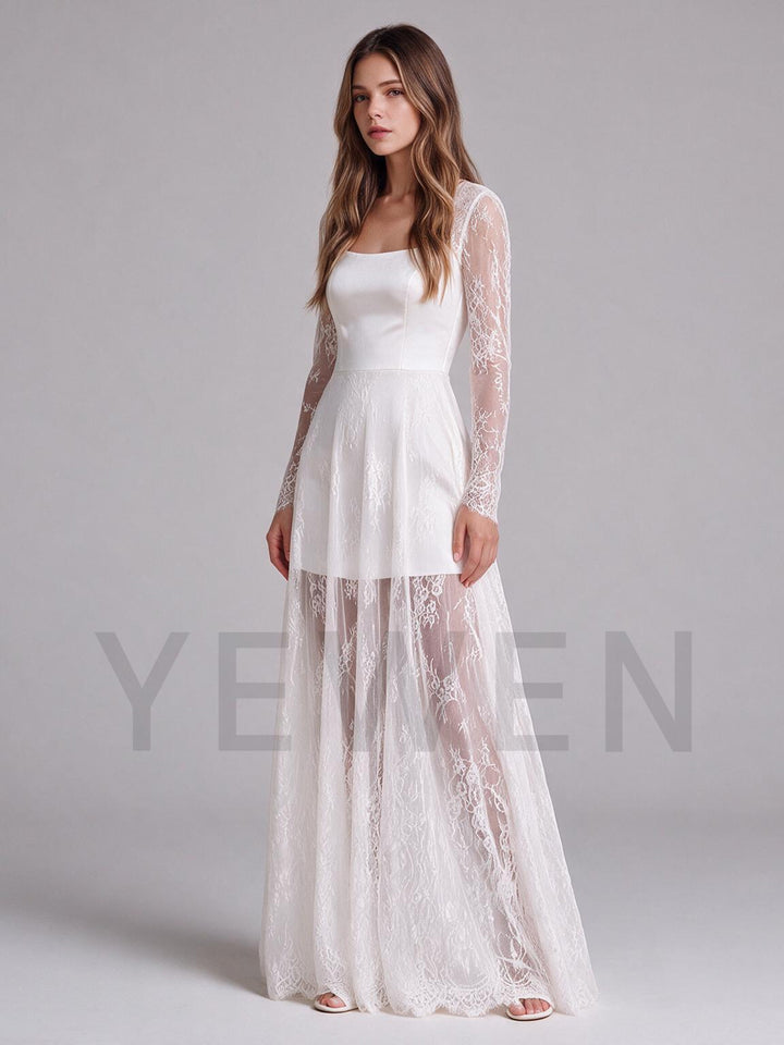 Ivory Long Sleeve Square Neck Wedding Dress with Sheer Lace Overlay Skirt