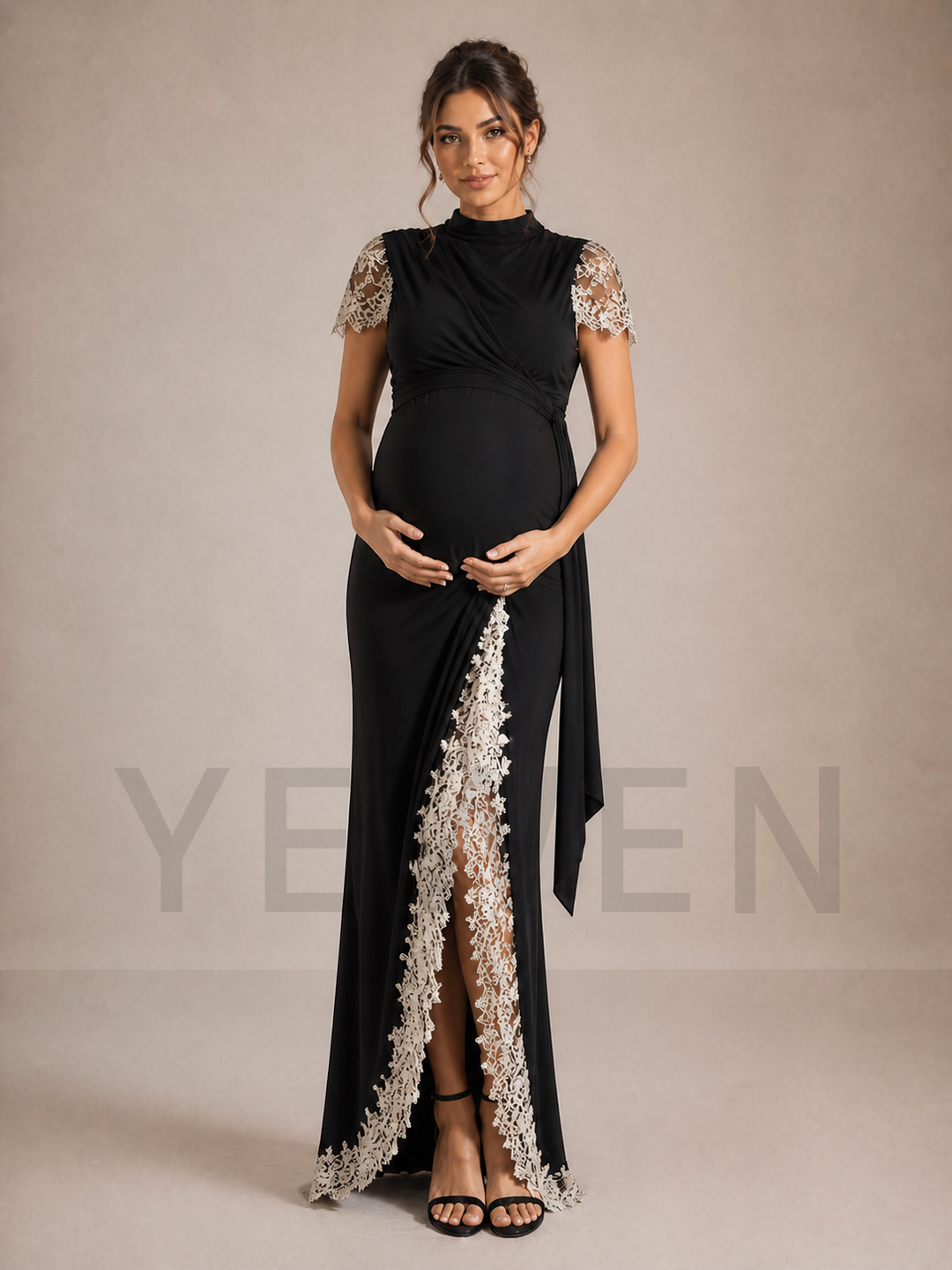 Black Maternity Baby Shower Dress Mock Neck Gown with Lace Split Skirt ZX007