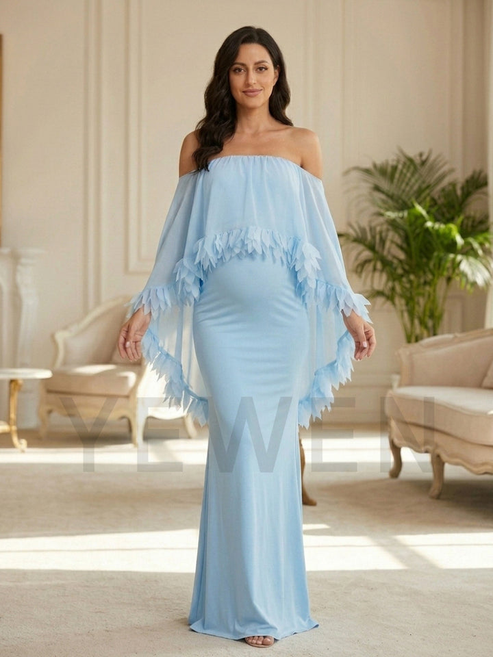 Light Blue Maternity Baby Shower Dress With Off-Shoulder Cape And Feather Trim YD260831
