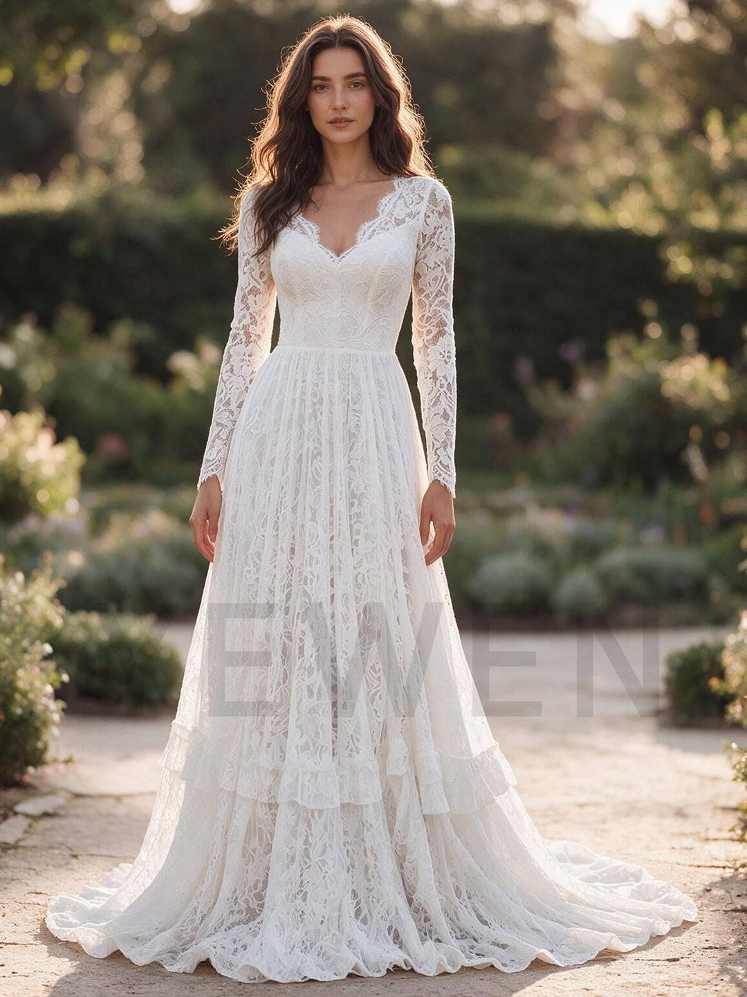 Ivory V-Neck Sheer Long Sleeve Floral Lace Boho Wedding Dress
