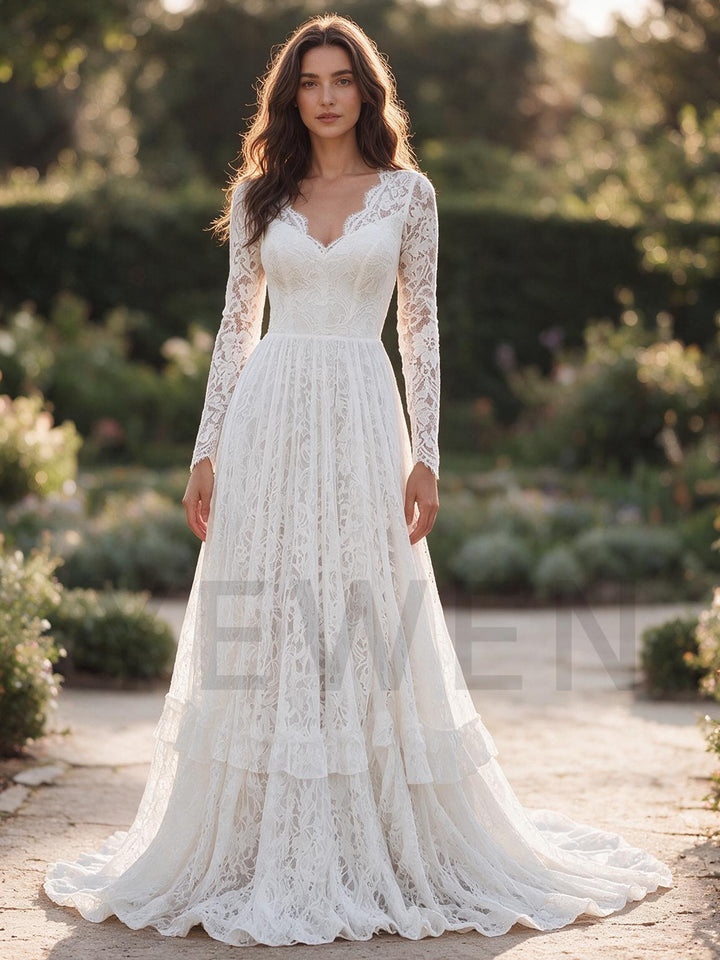 Ivory V-Neck Sheer Long Sleeve Floral Lace Boho Wedding Dress