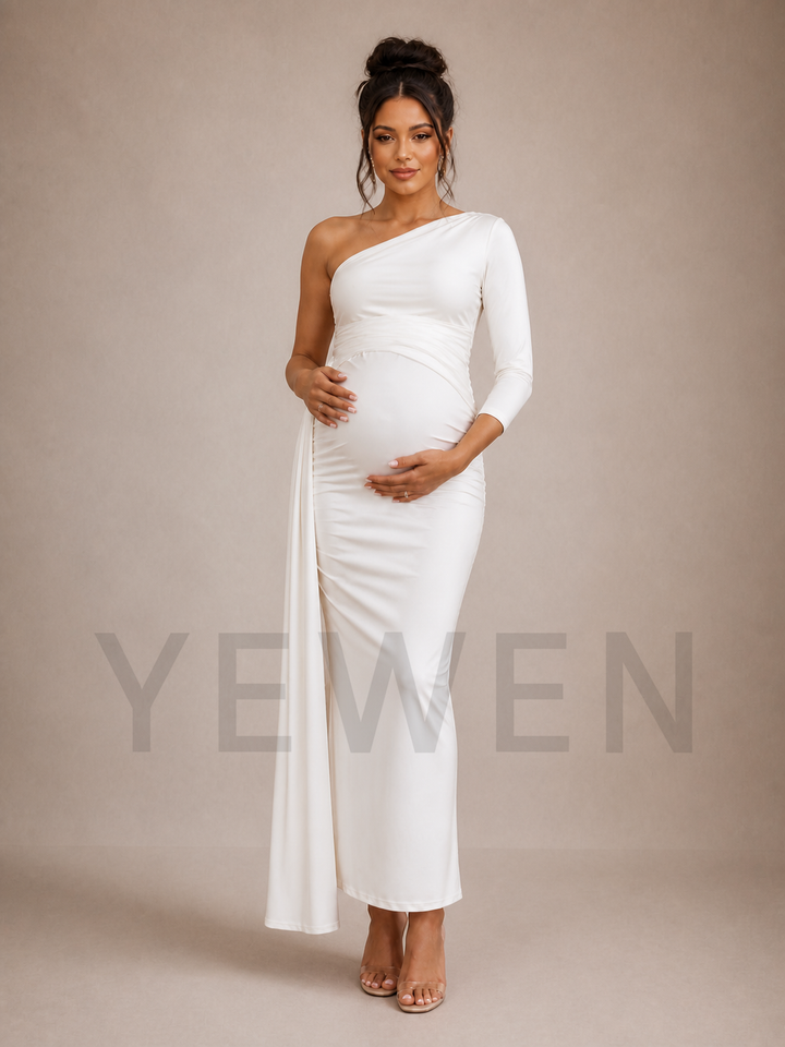 White One Shoulder Maternity Baby Shower Dress ZX009