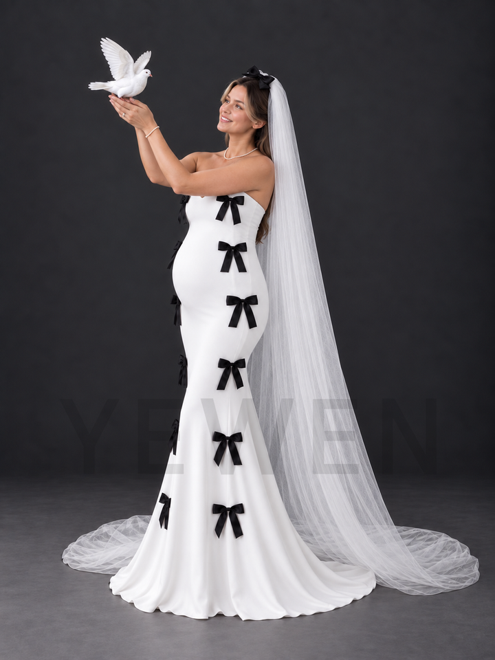 White Strapless Black Bow Maternity Wedding Dress with Veil HA260918