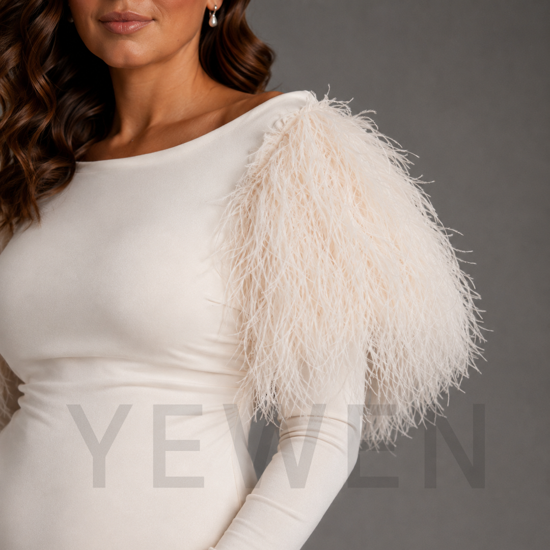 Ivory Feather Sleeve Maternity Mermaid Dress for Baby Shower L-26817