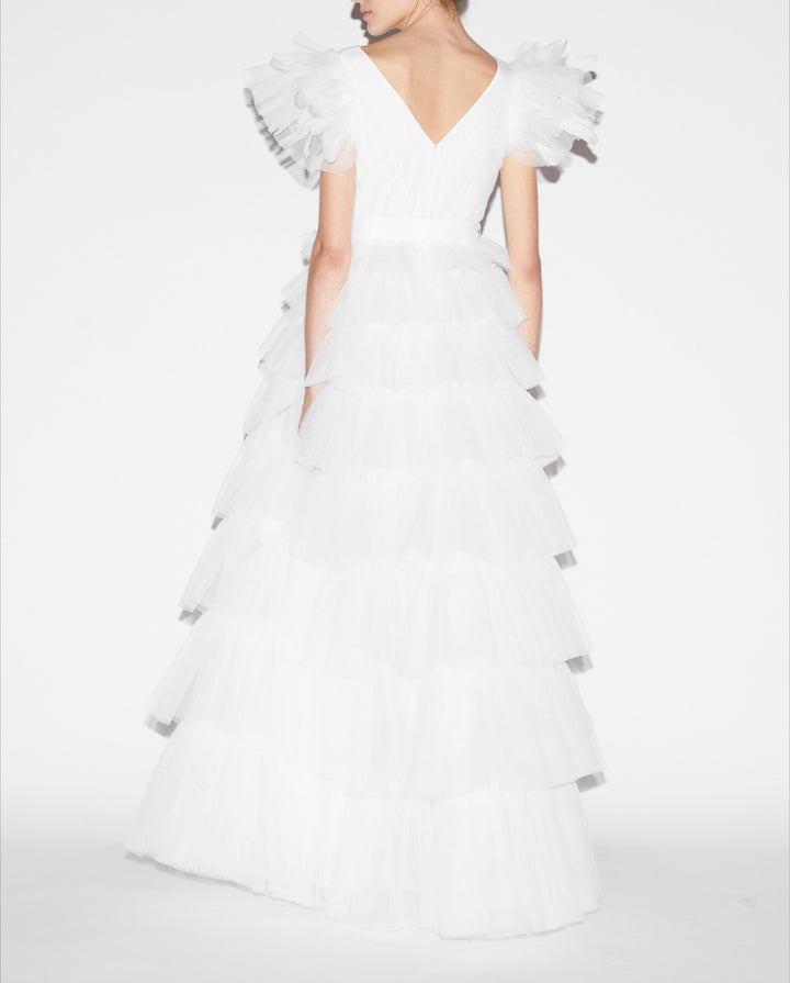 V Neck Tulle Tiered A Line Prom Bridal Dress Boho Bridal Gown