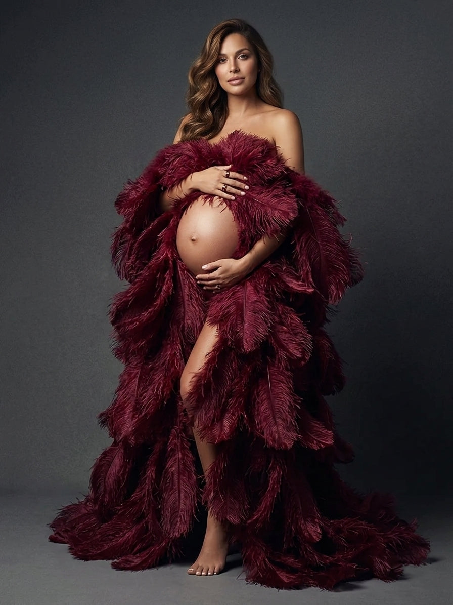 Luxury Burgundy Ostrich Feather Maternity Robe for Photoshoot YW250017