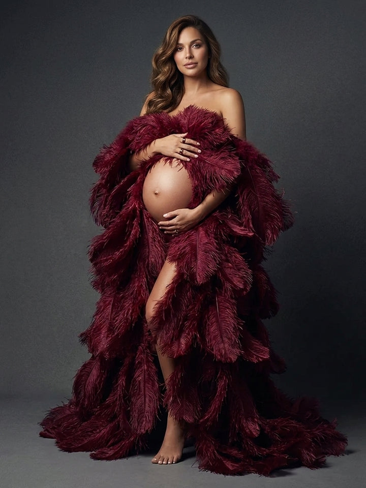 Luxury Burgundy Ostrich Feather Maternity Robe for Photoshoot YW250017