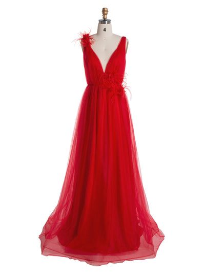 Feather-Flower ,Long Red Tulle Prom Dress