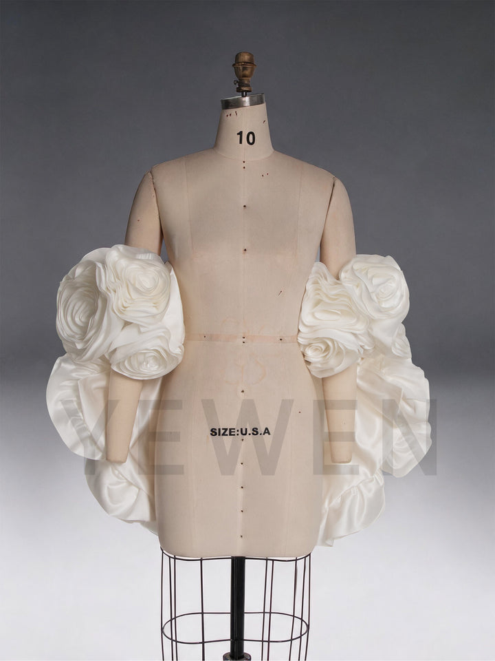 Ivory Satin 3D Rose Off-Shoulder Wedding Cape with Long Train YW260328