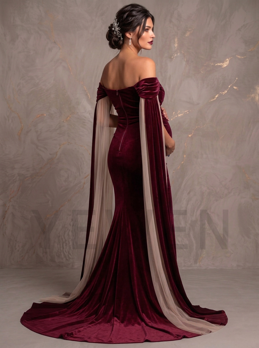 Off-Shoulder Draped Cape Mermaid Maternity Photoshoot Gown L-26948