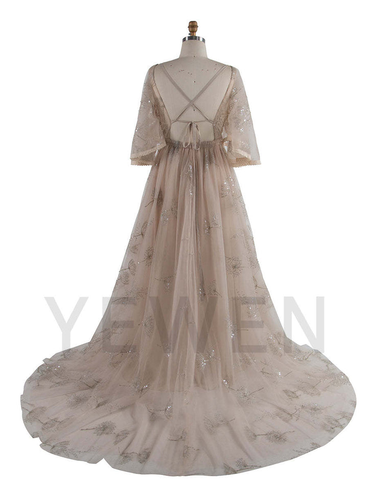 Boho sparkly Emboridery V Neck Maternity Photo Shoot Dress Beach Photoshoot Outfits YW250024