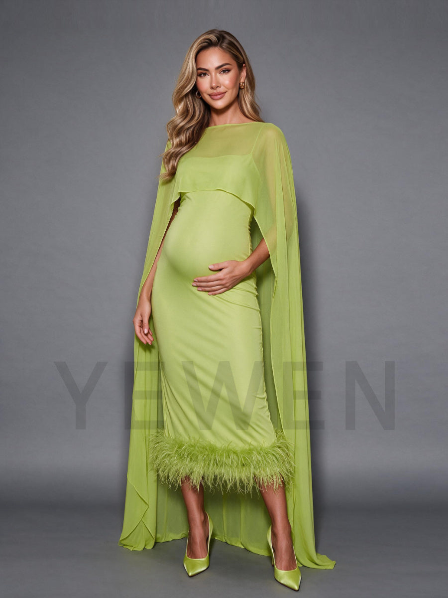 Green Ostrich Feather Hem Maternity Baby Shower Dress With Flowing Cape YD260835
