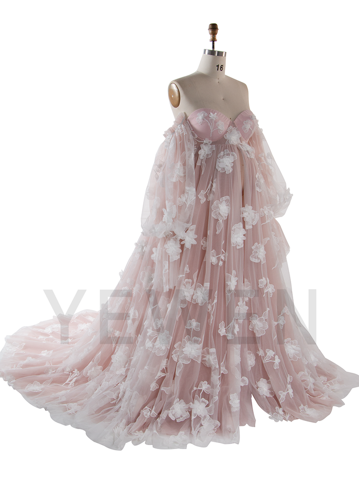 3D Floral Appliques Pregnant women Gown Photography Dress for Baby Shower Front Split YW251048