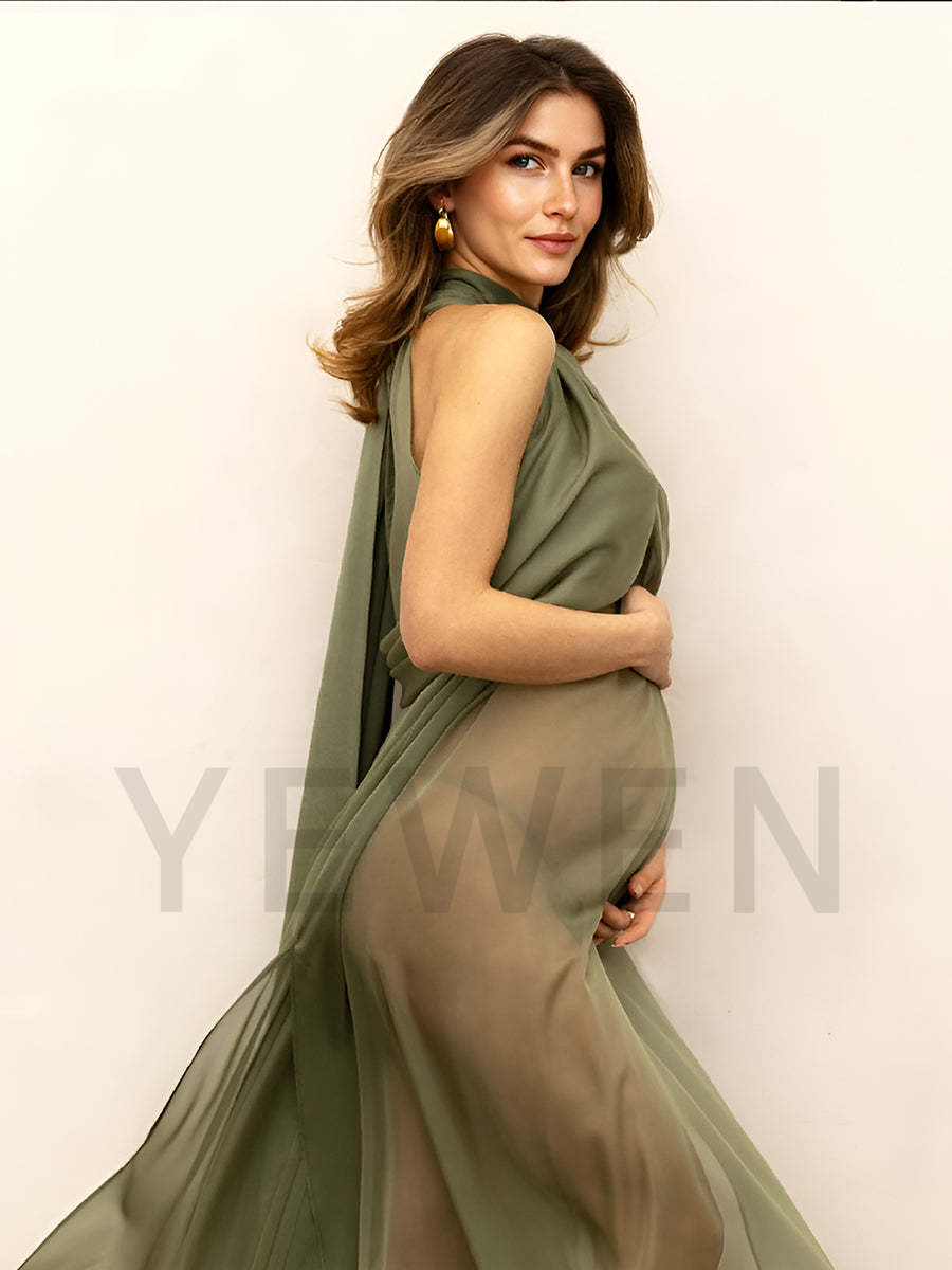 Sheer Maternity Cape Gown Olive Green Maternity Photoshoot Dress YW250037