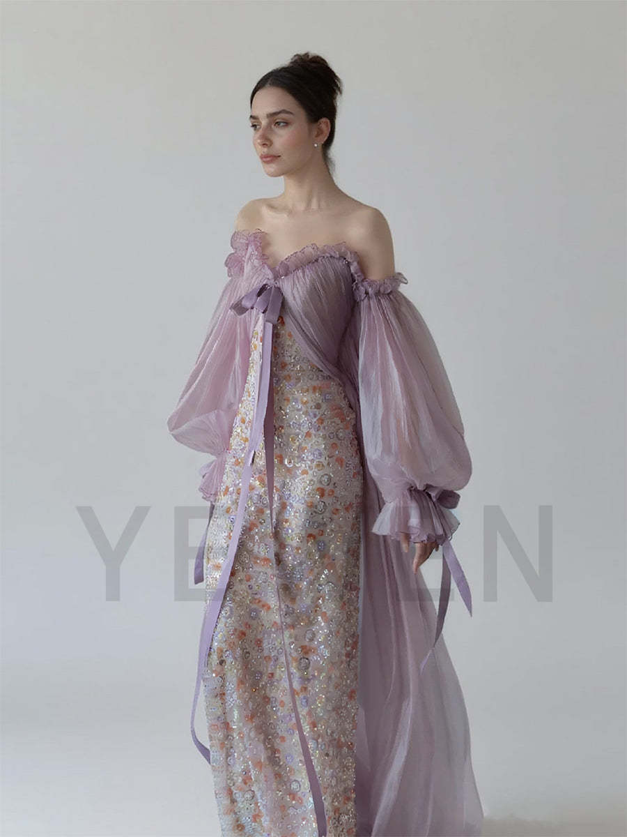 Fairy Purple Mermaid Evening Dresses Crystal Beaded Lace Women Celebrity Dress Lantern Long Sleeves Prom Gown