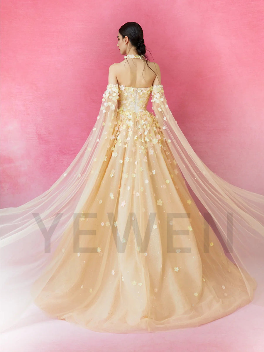 A Line Off Shoulder Evening Dress with  3D Floral Applique Prom Party Gown