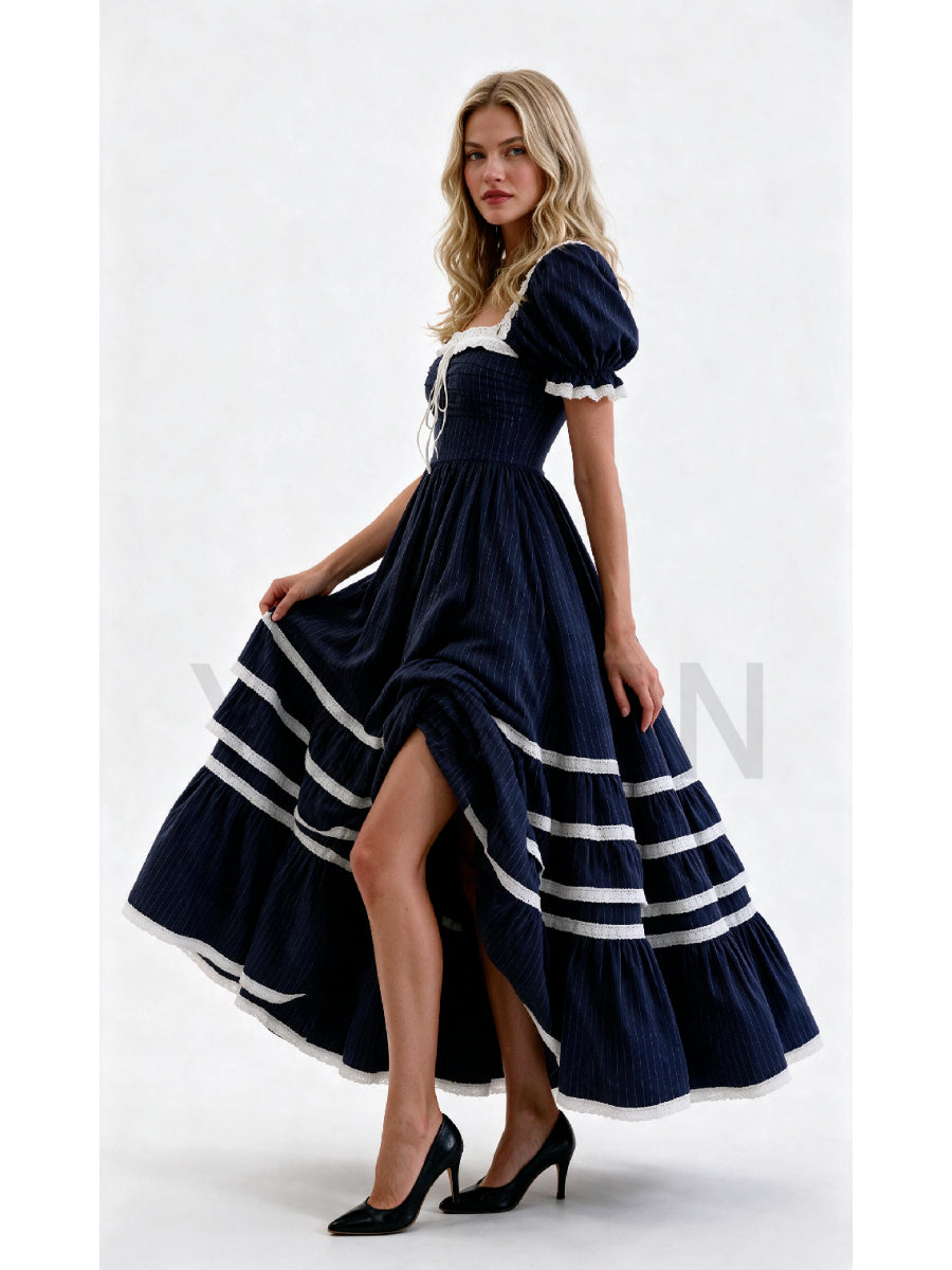 Navy Pinstripe Puff Sleeve White Lace Trim Princess Dress WT269001