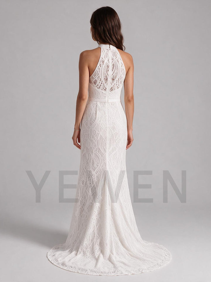 Ivory Halter High Neck Embroidered Lace Mermaid Wedding Dress