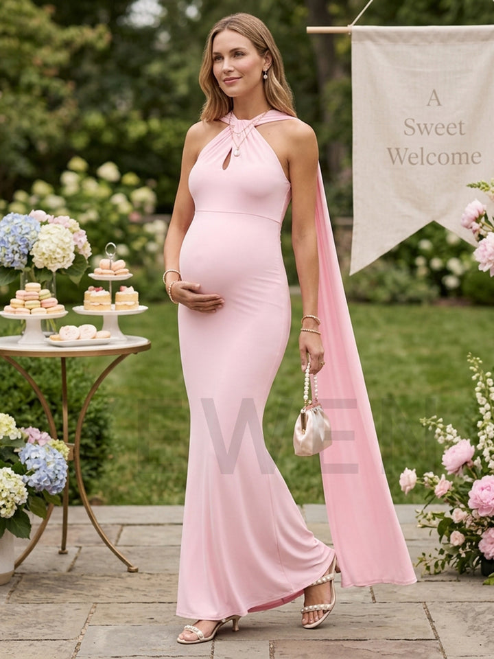Halter Neck Keyhole Cape Maternity Dress for Baby Shower YM261006