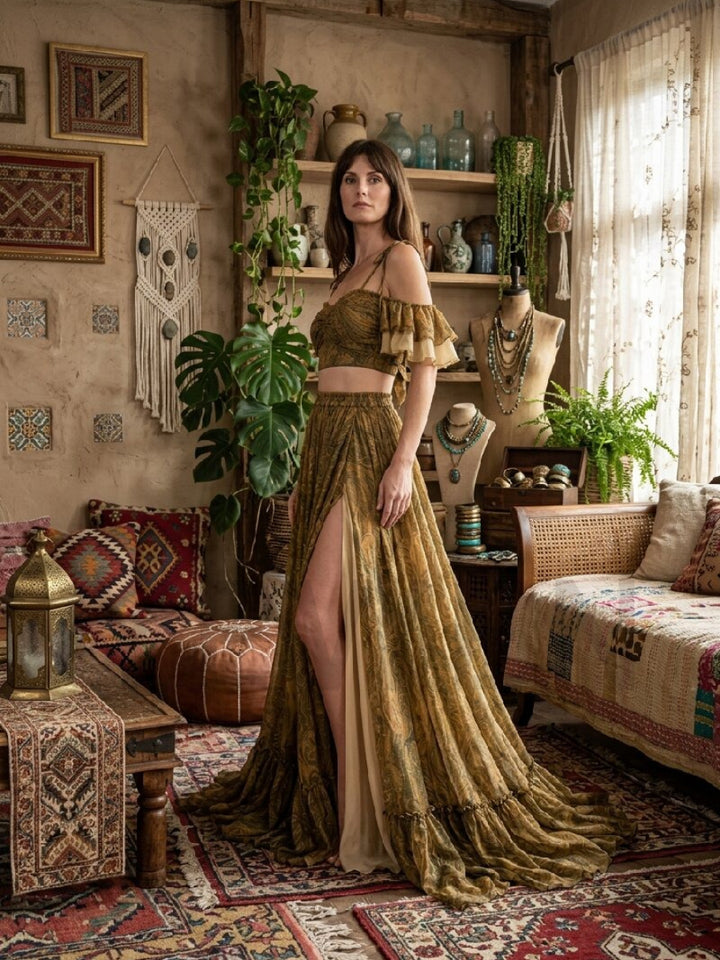 Olive Two-Piece Ruffle Flutter Sleeve Boho Dress YD260835