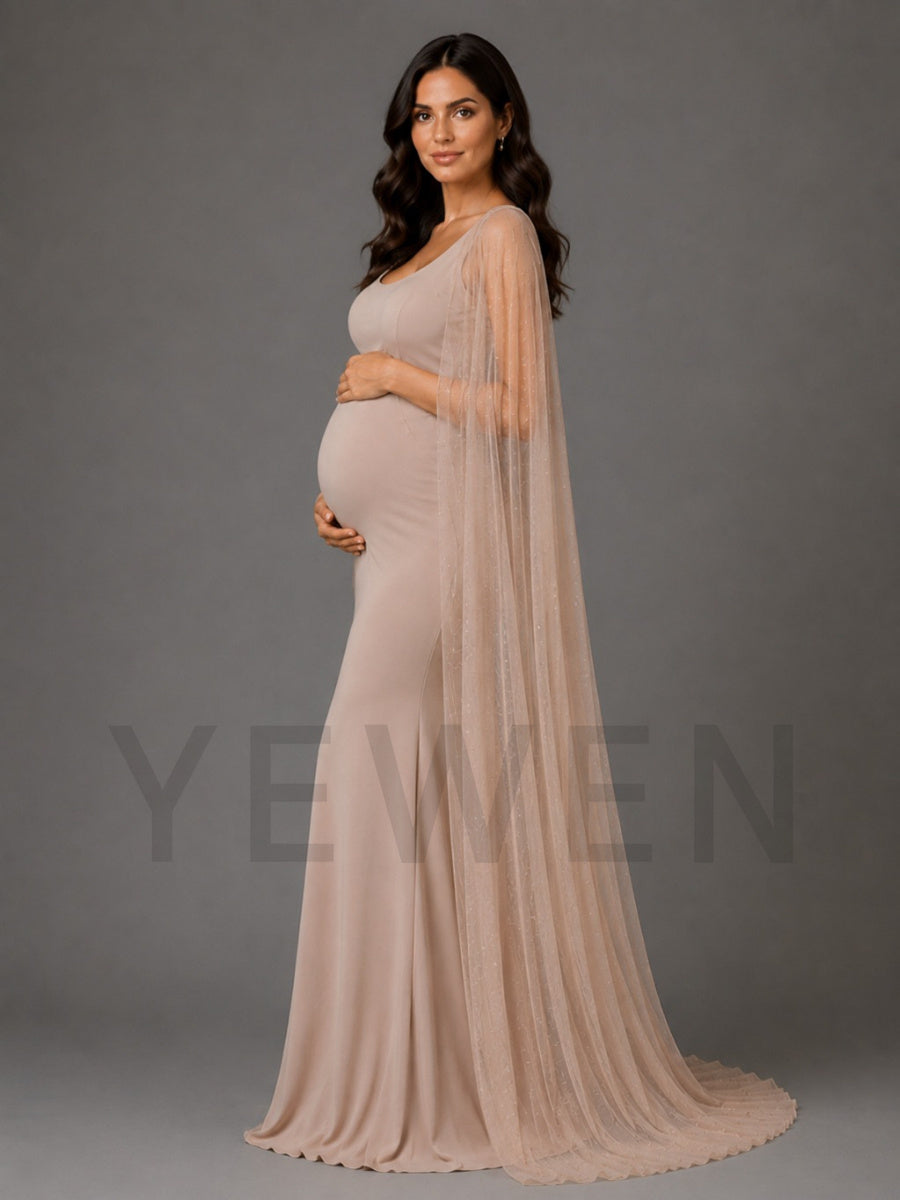 Nude Fitted Mermaid Maternity Baby Shower Dress with Sheer Cape L-26932