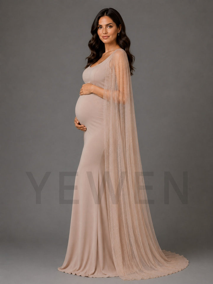 Nude Fitted Mermaid Maternity Baby Shower Dress with Sheer Cape L-26932