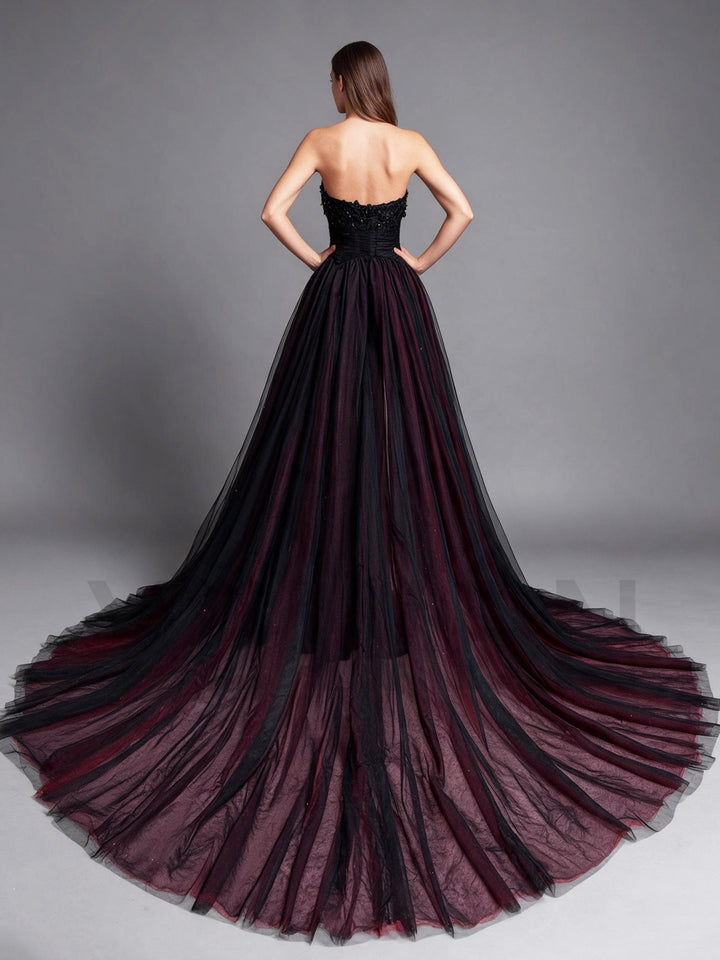 Black Burgundy Off-Shoulder Long Sleeve Tulle Evening Gown YX26107